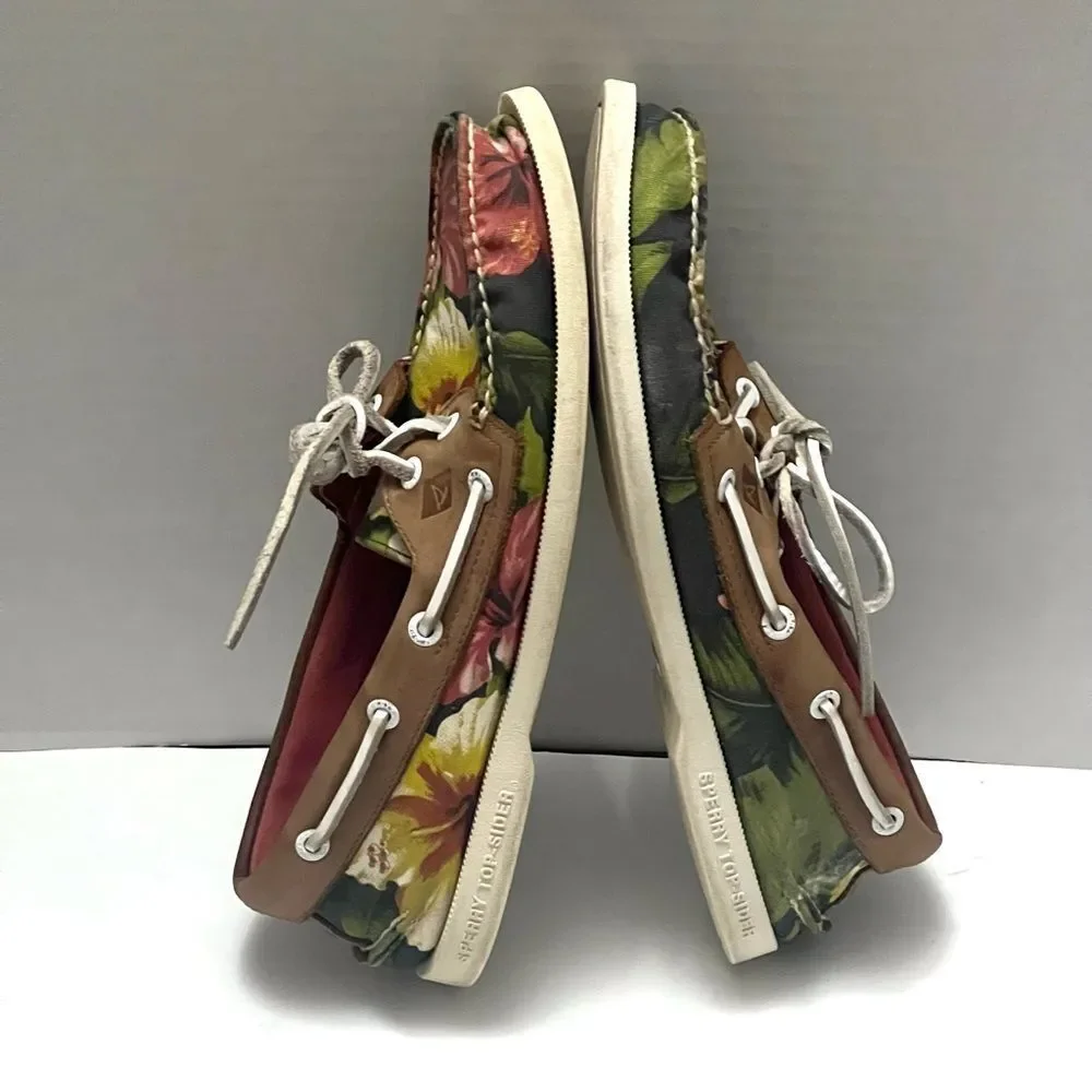 Sperry Leather Canvas Mens Boat Shoes Sz 8 Floral Preppy Casual Nautical Coastal